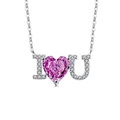 S925 Sterling Silber Herz Halskette mit rosa Edelstein und I Love You Gravur - Platiniert (Rosaroter Zirkonia)