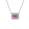 S925 silver necklace featuring a rectangular pink gemstone with double halo in variant view - Platinum Plated (Rose Red Zirconia)