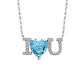 S925 Sterling Silber I Love You Halskette mit herzförmigem blauem Stein und Kristallen - Platinfarbe (Hellhimmelblauer Zirkonia)
