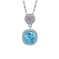 Double halo pendant necklace with aqua blue cushion cut stone and silver chain - Silver Tone (Aquamarine Blue Zirconia)