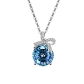 Elegante S925 zilveren ketting met blauwe ronde edelsteen en fonkelend strikje detail - 925 zilver / Platina Kleur (Diepzeeblauwe Zirconia)