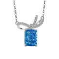 Elegant 925 sterling silver necklace with blue rectangular cut gemstone and bow pendant - Platinum Color (Deep Sea Blue Zirconia)