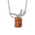 S925 silver necklace with orange rectangular ice cut pendant and bow detail - Platinum Color (Champagne Zirconia)