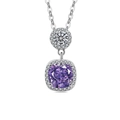 Double-layered silver-colored necklace with purple amethyst square pendant and halo stones - Silver Tone (Purple Zirconia)