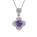 Pendente in argento con grande pietra viola circolare e diamanti con taglio baguette - Placcato Platino (Zirconia Viola)
