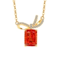 Elegant gold bow necklace with micro-paved white zircons and large rectangular red gemstone - 18K Gold Color (Garnet Red Zirconia)