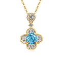 Squisita collana in oro con pendente a quadrifoglio e gemma blu centrale circondata da pietre - Color Oro 18K (Zirconia Blu Cielo Chiaro)