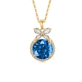 Elegant gold flower pendant necklace featuring round blue gemstone and butterfly detail - 925 Silver / 18K Gold Color (Deep Sea Blue Zirconia)