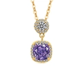Elegant gold double pendant necklace featuring a cushion-cut purple gemstone and crystals - 18K Gold Tone (Purple Zirconia)