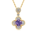 Ciondolo a fiore dorato con grande gemma viola e accenti di diamanti scintillanti - Placcato Oro 18K (Zirconia Viola)