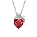 Silver heart necklace featuring a large red ruby pendant with floral zircon accents - Platinum Color (Ruby Red Zirconia)