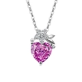 Pink heart crystal necklace with silver floral pendant and delicate silver chain - Platinum Plated (Rose Red Zirconia)