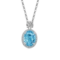 Collier en argent avec pierre ovale bleu ciel et pendentif halo en zircon brillant - Couleur Platine (Zircone Bleu Mer Clair)