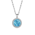 Silver round pendant necklace with large light blue zircon and micro-pave halo setting - Platinum Color (Light Sea Blue Zirconia)