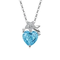 Silver necklace featuring a heart-shaped blue gemstone with floral leaf decorations - Platinum Color (Light Sky Blue Zirconia)
