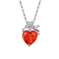 Elegant silver heart necklace featuring a vibrant red gemstone and floral accents - Platinum Color (Garnet Red Zirconia)