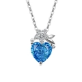 Silver heart necklace pendant with blue gemstone and diamond-studded floral accent - Platinum Color (Deep Sea Blue Zirconia)
