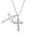 S925 sterling silver necklace featuring double cross pendants with sparkling zircons - Cross Pendant (PXZ516) / 925 Silver / Platinum