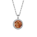 Silver-plated necklace with a large round amber gemstone and small white crystals - Platinum Color (Champagne Zirconia)