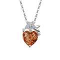 Exquisite heart-shaped orange gemstone pendant necklace with silver flower and leaf design - Platinum Color (Champagne Zirconia)