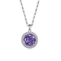 Elegant purple round gemstone pendant necklace with halo of white crystals on silver chain - Platinum Color (Purple Zirconia)