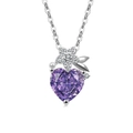 Silver heart necklace featuring a purple gemstone pendant with floral accents - Platinum Plated (Purple Zirconia)
