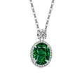 Collier argenté avec pendentif ovale en pierre précieuse vert émeraude et halo de diamants - Couleur Platine (Zircone Vert Émeraude)