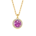 Elegant gold necklace featuring a round pink gemstone pendant with a halo of white diamonds - 18K Gold Color (Rose Red Zirconia)