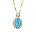 Collier en or avec pendentif gemme ovale bleue entourée de diamants et pierre d'accent - Couleur Or 18K (Zircone Bleu Mer Clair)