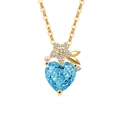 Heart pendant necklace with blue gemstone, gold floral accent, and elegant white pearl - 18K Gold Color (Light Sky Blue Zirconia)