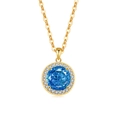 Elegant gold necklace featuring a classic round sapphire blue pendant with diamond halo - 18K Gold Color (Deep Sea Blue Zirconia)