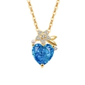 Elegant gold heart necklace with blue gemstone, floral detail and a small pearl - 18K Gold Color (Deep Sea Blue Zirconia)