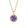 Elegant gold necklace with a round purple gemstone halo pendant and fine link chain - 18K Gold Color (Purple Zirconia)