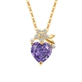 Golden heart necklace featuring purple gemstone, floral diamonds, and a small white pearl - 18K Gold Plated (Purple Zirconia)