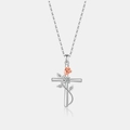 S925 sterling silver cross necklace with rose gold flower and sparkling crystal - Bicolor Rose Style (PXZ180) / Two-tone Gold & Silver
