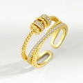 Doppellagiger goldener Drehring mit funkelnden Perlen und Zirkonia-Pavé-Verzierung - 701-1 Glücks Rotierender Ring - Gold