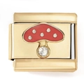 Italian charm bracelet link with gold mushroom charm, red enamel, and white zircon stone - Red Mushroom with Zircon Style(5055)