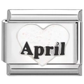 Silver modular charm bracelet link featuring a white heart inlay with April text - April Colorful White Heart
