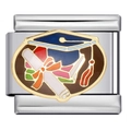 Close-up of stainless steel Italian charm link with graduation cap and scroll enamel design - Graduation Cap Certificate