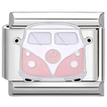 Detailed close-up of a pink retro bus enamel charm for DIY stainless steel bracelets - Pink White Bus