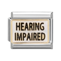 Detailed macro of Italian charm link in stainless steel with Hearing Impaired text label - Hearing Impaired Sign