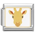 Macro shot of stainless steel Italian charm link with yellow giraffe enamel pattern - Cartoon Giraffe Face