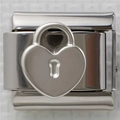 Close-up of polished stainless steel heart padlock charm on a modular DIY bracelet link - Heart Silver Lock