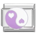 Macro detail of stainless steel Italian charm featuring a purple and white Yin Yang heart - Purple White Tai Chi Heart