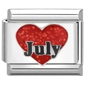 Detailed close-up of a stainless steel Italian charm with a red July heart design - July Red Heart