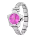 Détail du boîtier en forme d'étoile avec cadran rose et bracelet modulaire en acier - Argent-Cadran Rose Rouge