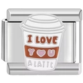 Macro detail of Italian charm bead with enamel coffee cup and I Love You A Latte text - LOVE YOU Latte Cup