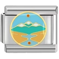 Detailed view of Italian charm link featuring enameled mountain landscape and sunset - Mountain River Sun