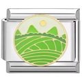 Macro detail of Italian modular charm with enamel landscape design and polished steel base - Mountain Meadow