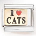 Macro shot of Italian charm link featuring I love cats text with a red heart on steel - I LOVE CATS Motif